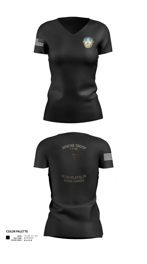 Womens Short Sleeve Vneck Shirt, 1-7 Cavlary Division Apache Troop Blue Platoon Recon Junkies, Army, Teamtime, Team time, sublimation, custom sports apparel, team uniforms, spirit wear, spiritwear, sports uniforms, custom shirts, team store, custom team store, fundraiser sports, apparel fundraiser