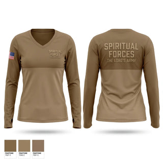Womens Long Sleeve Vneck Shirt, Spiritual Forces The Lords Army, Police, Teamtime, Team time, sublimation, custom sports apparel, team uniforms, spirit wear, spiritwear, sports uniforms, custom shirts, team store, custom team store, fundraiser sports, apparel fundraiser