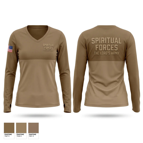 Womens Long Sleeve Vneck Shirt, Spiritual Forces The Lords Army, Police, Teamtime, Team time, sublimation, custom sports apparel, team uniforms, spirit wear, spiritwear, sports uniforms, custom shirts, team store, custom team store, fundraiser sports, apparel fundraiser