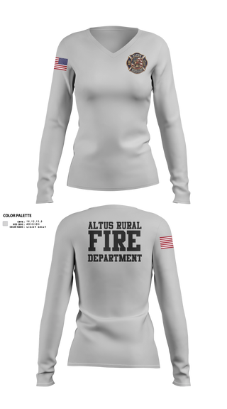 Womens Long Sleeve Vneck Shirt, Altus Rural Fire Department, Fire Department, Teamtime, Team time, sublimation, custom sports apparel, team uniforms, spirit wear, spiritwear, sports uniforms, custom shirts, team store, custom team store, fundraiser sports, apparel fundraiser