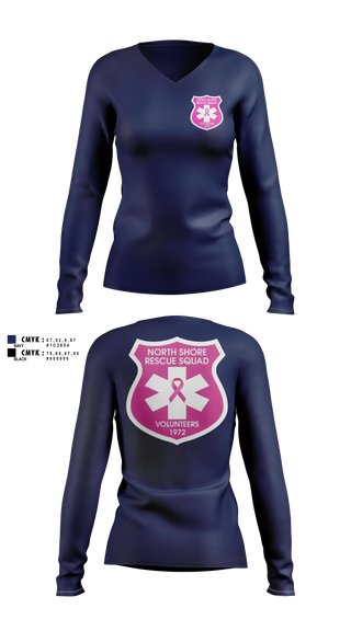 Womens Long Sleeve Vneck Shirt, North Shore Rescue Squad, EMS/EMT, Teamtime, Team time, sublimation, custom sports apparel, team uniforms, spirit wear, spiritwear, sports uniforms, custom shirts, team store, custom team store, fundraiser sports, apparel fundraiser