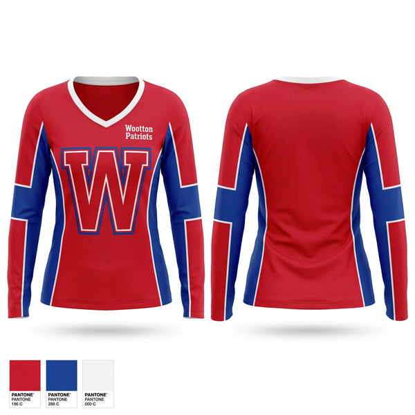 Womens Long Sleeve Vneck Shirt, Wootton Patriots, Cheer, Teamtime, Team time, sublimation, custom sports apparel, team uniforms, spirit wear, spiritwear, sports uniforms, custom shirts, team store, custom team store, fundraiser sports, apparel fundraiser