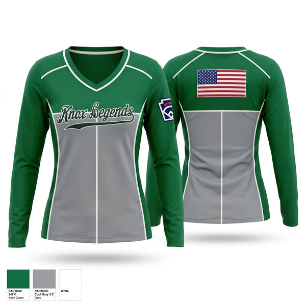 Womens Long Sleeve Vneck Shirt, Knox Legends, Baseball, Teamtime, Team time, sublimation, custom sports apparel, team uniforms, spirit wear, spiritwear, sports uniforms, custom shirts, team store, custom team store, fundraiser sports, apparel fundraiser