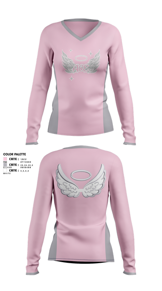 Womens Long Sleeve Vneck Shirt, ACE Angel CHEER Elite, Cheer, Teamtime, Team time, sublimation, custom sports apparel, team uniforms, spirit wear, spiritwear, sports uniforms, custom shirts, team store, custom team store, fundraiser sports, apparel fundraiser