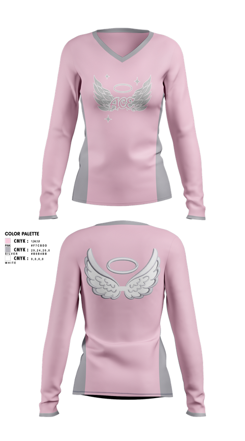 Womens Long Sleeve Vneck Shirt, ACE Angel CHEER Elite, Cheer, Teamtime, Team time, sublimation, custom sports apparel, team uniforms, spirit wear, spiritwear, sports uniforms, custom shirts, team store, custom team store, fundraiser sports, apparel fundraiser