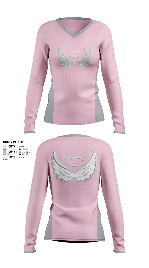 Womens Long Sleeve Vneck Shirt, ACE Angel CHEER Elite, Cheer, Teamtime, Team time, sublimation, custom sports apparel, team uniforms, spirit wear, spiritwear, sports uniforms, custom shirts, team store, custom team store, fundraiser sports, apparel fundraiser