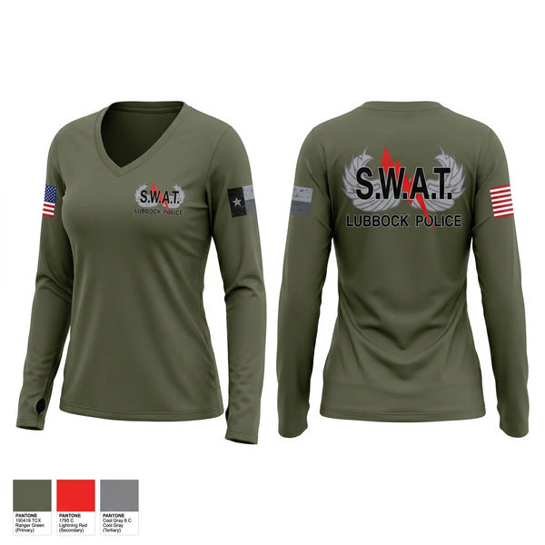 Womens Long Sleeve Vneck Shirt, Lubbock SWAT, Police, Teamtime, Team time, sublimation, custom sports apparel, team uniforms, spirit wear, spiritwear, sports uniforms, custom shirts, team store, custom team store, fundraiser sports, apparel fundraiser
