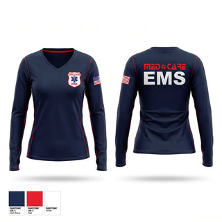 Womens Long Sleeve Vneck Shirt, MedCare EMS, EMS/EMT, Teamtime, Team time, sublimation, custom sports apparel, team uniforms, spirit wear, spiritwear, sports uniforms, custom shirts, team store, custom team store, fundraiser sports, apparel fundraiser
