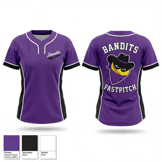 Two Button Softball Jersey, Bandits, Softball, Teamtime, Team time, sublimation, custom sports apparel, team uniforms, spirit wear, spiritwear, sports uniforms, custom shirts, team store, custom team store, fundraiser sports, apparel fundraiser