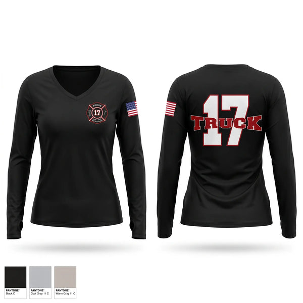 Womens Long Sleeve Vneck Shirt, Truck 17, Fire Department, Teamtime, Team time, sublimation, custom sports apparel, team uniforms, spirit wear, spiritwear, sports uniforms, custom shirts, team store, custom team store, fundraiser sports, apparel fundraiser
