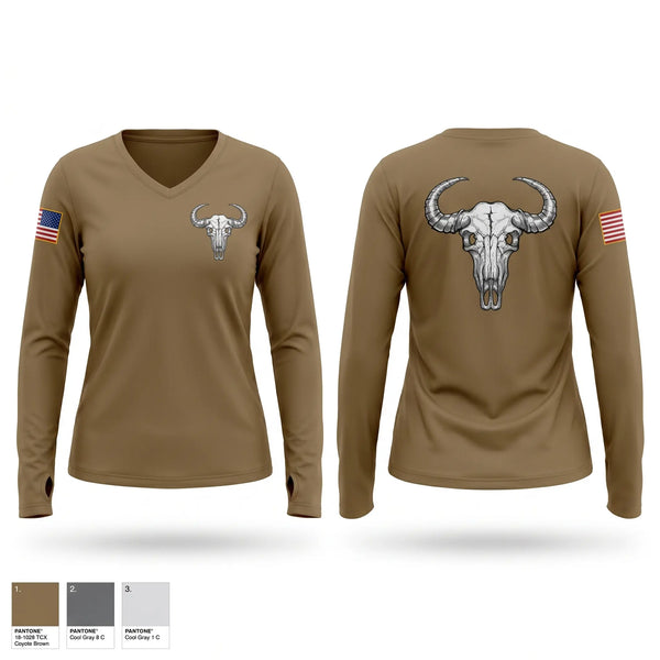 Womens Long Sleeve Vneck Shirt, Buffalos, Army, Teamtime, Team time, sublimation, custom sports apparel, team uniforms, spirit wear, spiritwear, sports uniforms, custom shirts, team store, custom team store, fundraiser sports, apparel fundraiser