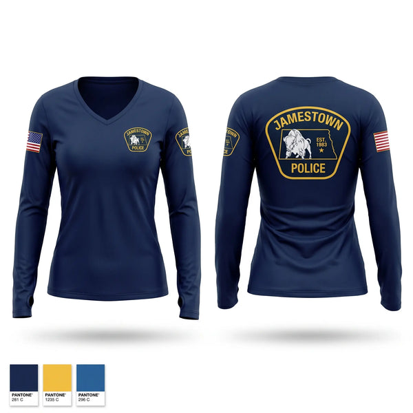 Womens Long Sleeve Vneck Shirt, Jamestown Police Department, Police, Teamtime, Team time, sublimation, custom sports apparel, team uniforms, spirit wear, spiritwear, sports uniforms, custom shirts, team store, custom team store, fundraiser sports, apparel fundraiser