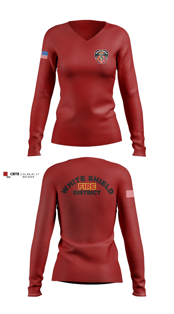 Womens Long Sleeve Vneck Shirt, White Shield Fire Department, Fire Department, Teamtime, Team time, sublimation, custom sports apparel, team uniforms, spirit wear, spiritwear, sports uniforms, custom shirts, team store, custom team store, fundraiser sports, apparel fundraiser