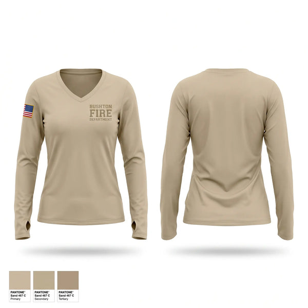 Womens Long Sleeve Vneck Shirt, Bushton Fire Department, Fire Department, Teamtime, Team time, sublimation, custom sports apparel, team uniforms, spirit wear, spiritwear, sports uniforms, custom shirts, team store, custom team store, fundraiser sports, apparel fundraiser