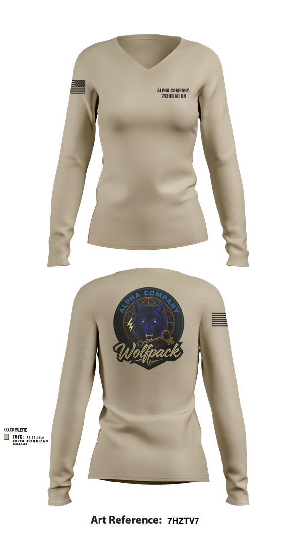 Womens Long Sleeve Vneck Shirt, Alpha Company, 742nd MI BN, , Teamtime, Team time, sublimation, custom sports apparel, team uniforms, spirit wear, spiritwear, sports uniforms, custom shirts, team store, custom team store, fundraiser sports, apparel fundraiser