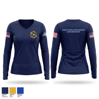 Womens Long Sleeve Vneck Shirt, American Criminal Justice Association, Police, Teamtime, Team time, sublimation, custom sports apparel, team uniforms, spirit wear, spiritwear, sports uniforms, custom shirts, team store, custom team store, fundraiser sports, apparel fundraiser