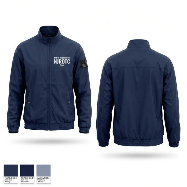 Windbreaker, Rialto High School NJROTC, Navy, Teamtime, Team time, sublimation, custom sports apparel, team uniforms, spirit wear, spiritwear, sports uniforms, custom shirts, team store, custom team store, fundraiser sports, apparel fundraiser