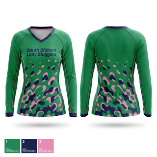 Womens Long Sleeve Vneck Shirt, South Oldham Lady Sluggers, Softball, Teamtime, Team time, sublimation, custom sports apparel, team uniforms, spirit wear, spiritwear, sports uniforms, custom shirts, team store, custom team store, fundraiser sports, apparel fundraiser