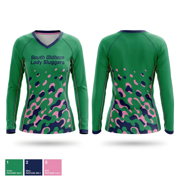 Womens Long Sleeve Vneck Shirt, South Oldham Lady Sluggers, Softball, Teamtime, Team time, sublimation, custom sports apparel, team uniforms, spirit wear, spiritwear, sports uniforms, custom shirts, team store, custom team store, fundraiser sports, apparel fundraiser