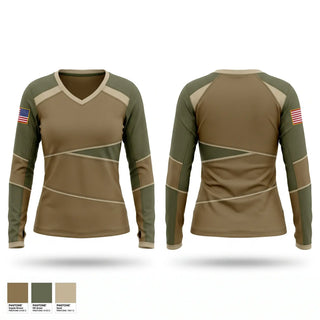 Womens Long Sleeve Vneck Shirt, tiger battalion, Army, Teamtime, Team time, sublimation, custom sports apparel, team uniforms, spirit wear, spiritwear, sports uniforms, custom shirts, team store, custom team store, fundraiser sports, apparel fundraiser
