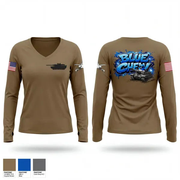 Womens Long Sleeve Vneck Shirt, 120 IN BLUE CHEW, Army, Teamtime, Team time, sublimation, custom sports apparel, team uniforms, spirit wear, spiritwear, sports uniforms, custom shirts, team store, custom team store, fundraiser sports, apparel fundraiser