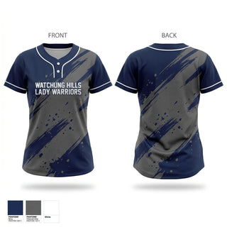 Two Button Softball Jersey, Watchung Hills Lady Warriors, Softball, Teamtime, Team time, sublimation, custom sports apparel, team uniforms, spirit wear, spiritwear, sports uniforms, custom shirts, team store, custom team store, fundraiser sports, apparel fundraiser