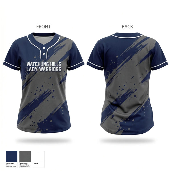 Two Button Softball Jersey, Watchung Hills Lady Warriors, Softball, Teamtime, Team time, sublimation, custom sports apparel, team uniforms, spirit wear, spiritwear, sports uniforms, custom shirts, team store, custom team store, fundraiser sports, apparel fundraiser