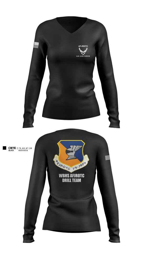 Women's Long Sleeve Vneck Shirt, WBHS AFJROTC, Air Force, Teamtime, Team time, sublimation, custom sports apparel, team uniforms, spirit wear, spiritwear, sports uniforms, custom shirts, team store, custom team store, fundraiser sports, apparel fundraiser