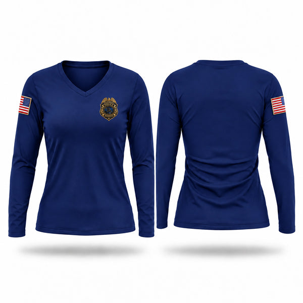 Womens Long Sleeve Vneck Shirt, Piedmont Police, Police, Teamtime, Team time, sublimation, custom sports apparel, team uniforms, spirit wear, spiritwear, sports uniforms, custom shirts, team store, custom team store, fundraiser sports, apparel fundraiser