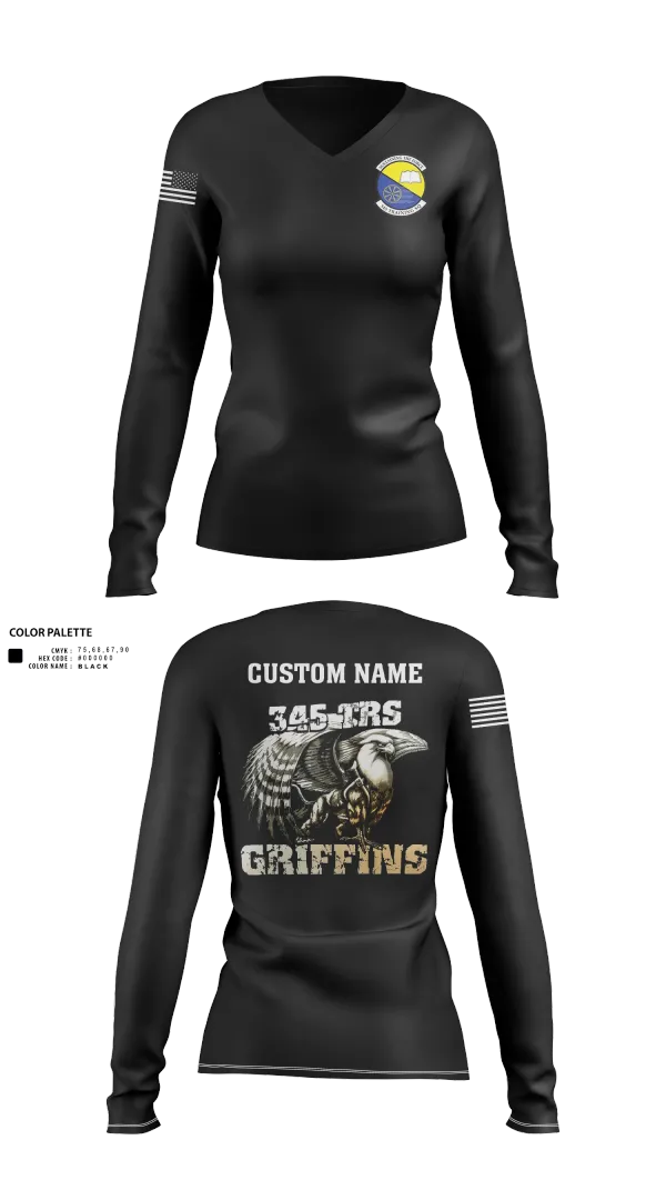Womens Long Sleeve Vneck Shirt, 345th TRS, , Teamtime, Team time, sublimation, custom sports apparel, team uniforms, spirit wear, spiritwear, sports uniforms, custom shirts, team store, custom team store, fundraiser sports, apparel fundraiser