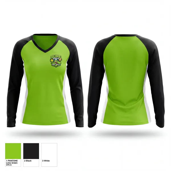 Womens Long Sleeve Vneck Shirt, Slime Squad, Softball, Teamtime, Team time, sublimation, custom sports apparel, team uniforms, spirit wear, spiritwear, sports uniforms, custom shirts, team store, custom team store, fundraiser sports, apparel fundraiser