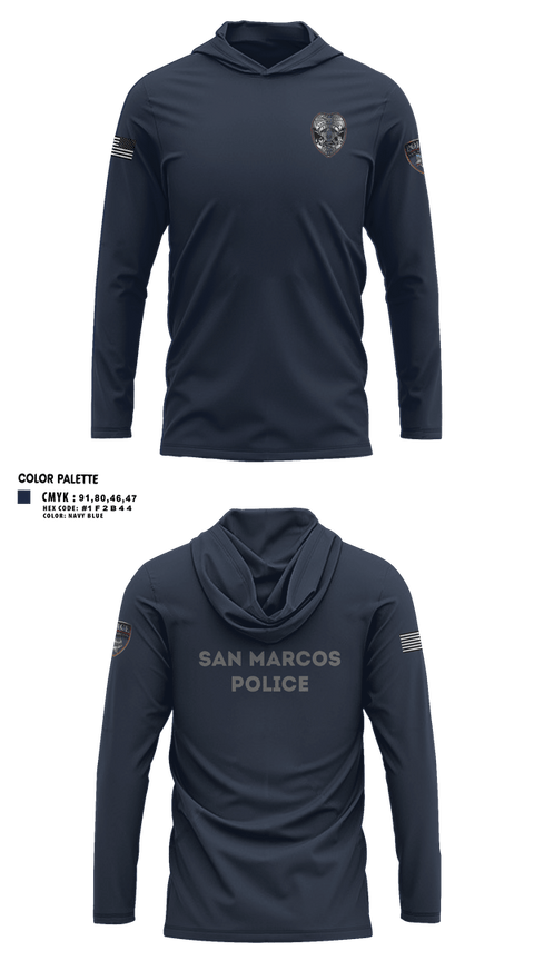 Long Sleeve Performance Shirt with hood, San marcos police - field force, Police, Teamtime, Team time, sublimation, custom sports apparel, team uniforms, spirit wear, spiritwear, sports uniforms, custom shirts, team store, custom team store, fundraiser sports, apparel fundraiser