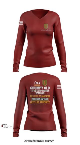 Womens Long Sleeve Vneck Shirt, 1st Infantry Division, , Teamtime, Team time, sublimation, custom sports apparel, team uniforms, spirit wear, spiritwear, sports uniforms, custom shirts, team store, custom team store, fundraiser sports, apparel fundraiser