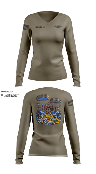 Womens Long Sleeve Vneck Shirt, Firebird Co, Army, Teamtime, Team time, sublimation, custom sports apparel, team uniforms, spirit wear, spiritwear, sports uniforms, custom shirts, team store, custom team store, fundraiser sports, apparel fundraiser