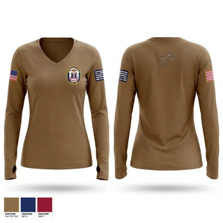 Womens Long Sleeve Vneck Shirt, USS CARL M. LEVIN, Navy, Teamtime, Team time, sublimation, custom sports apparel, team uniforms, spirit wear, spiritwear, sports uniforms, custom shirts, team store, custom team store, fundraiser sports, apparel fundraiser