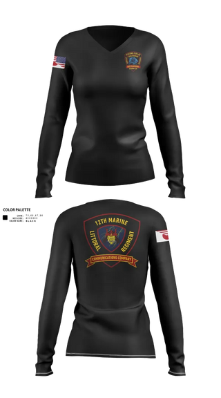 Womens Long Sleeve Vneck Shirt, 12th MLR Headquarters Element, Marines, Teamtime, Team time, sublimation, custom sports apparel, team uniforms, spirit wear, spiritwear, sports uniforms, custom shirts, team store, custom team store, fundraiser sports, apparel fundraiser
