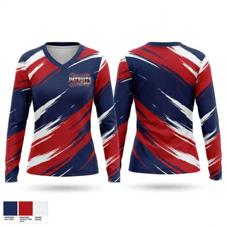 Womens Long Sleeve Vneck Shirt, PATRIOTS, Softball, Teamtime, Team time, sublimation, custom sports apparel, team uniforms, spirit wear, spiritwear, sports uniforms, custom shirts, team store, custom team store, fundraiser sports, apparel fundraiser