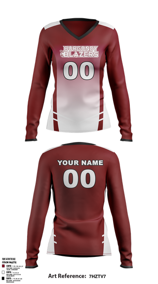 Womens Long Sleeve Vneck Shirt, Burgundy Blazers, Women's Volleyball, Teamtime, Team time, sublimation, custom sports apparel, team uniforms, spirit wear, spiritwear, sports uniforms, custom shirts, team store, custom team store, fundraiser sports, apparel fundraiser
