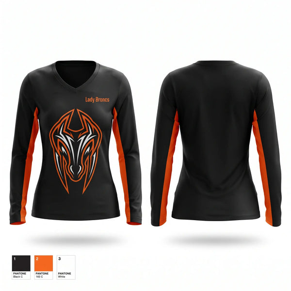 Womens Long Sleeve Vneck Shirt, Lady Broncs, Women's Basketball, Teamtime, Team time, sublimation, custom sports apparel, team uniforms, spirit wear, spiritwear, sports uniforms, custom shirts, team store, custom team store, fundraiser sports, apparel fundraiser