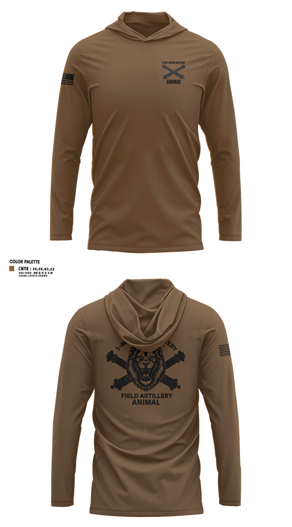 Long Sleeve Performance Shirt with hood, 1-487 Alpha Battery Field Artillery, National Guard, Teamtime, Team time, sublimation, custom sports apparel, team uniforms, spirit wear, spiritwear, sports uniforms, custom shirts, team store, custom team store, fundraiser sports, apparel fundraiser