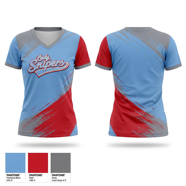 Womens Short Sleeve Vneck Shirt, Lady Snipers, Softball, Teamtime, Team time, sublimation, custom sports apparel, team uniforms, spirit wear, spiritwear, sports uniforms, custom shirts, team store, custom team store, fundraiser sports, apparel fundraiser