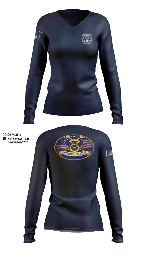 Womens Long Sleeve Vneck Shirt, Suffolk county auxiliary police, Police, Teamtime, Team time, sublimation, custom sports apparel, team uniforms, spirit wear, spiritwear, sports uniforms, custom shirts, team store, custom team store, fundraiser sports, apparel fundraiser