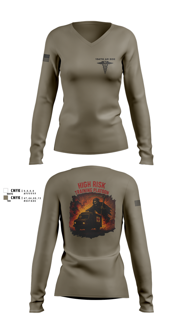 Womens Long Sleeve Vneck Shirt, 194th AR BDE HRT Medics, Army, Teamtime, Team time, sublimation, custom sports apparel, team uniforms, spirit wear, spiritwear, sports uniforms, custom shirts, team store, custom team store, fundraiser sports, apparel fundraiser