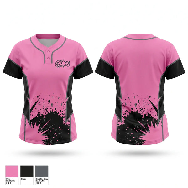 Two Button Softball Jersey, Chaos, Softball, Teamtime, Team time, sublimation, custom sports apparel, team uniforms, spirit wear, spiritwear, sports uniforms, custom shirts, team store, custom team store, fundraiser sports, apparel fundraiser