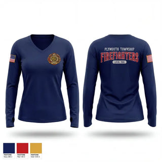 Womens Long Sleeve Vneck Shirt, Plymouth Township Firefighters Charities, Fire Department, Teamtime, Team time, sublimation, custom sports apparel, team uniforms, spirit wear, spiritwear, sports uniforms, custom shirts, team store, custom team store, fundraiser sports, apparel fundraiser