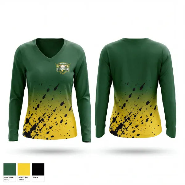 Womens Long Sleeve Vneck Shirt, Thunder, Baseball, Teamtime, Team time, sublimation, custom sports apparel, team uniforms, spirit wear, spiritwear, sports uniforms, custom shirts, team store, custom team store, fundraiser sports, apparel fundraiser