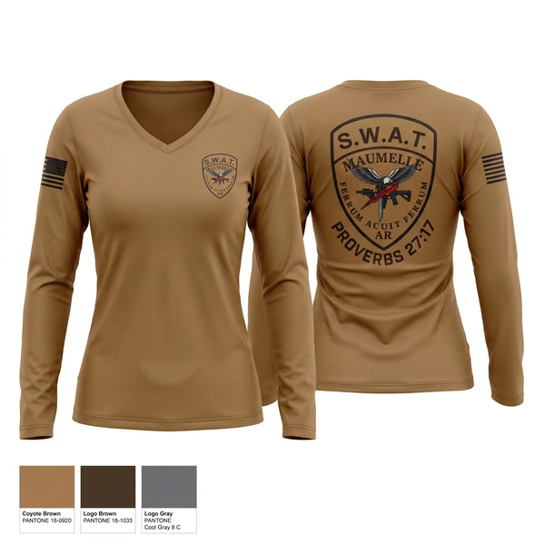 Womens Long Sleeve Vneck Shirt, Maumelle Police Department SWAT, Police, Teamtime, Team time, sublimation, custom sports apparel, team uniforms, spirit wear, spiritwear, sports uniforms, custom shirts, team store, custom team store, fundraiser sports, apparel fundraiser