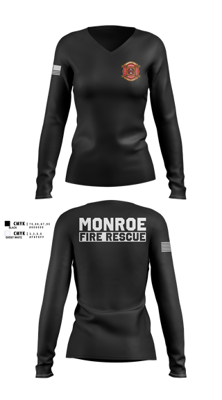 Womens Long Sleeve Vneck Shirt, Monroe Fire Rescue, Fire Department, Teamtime, Team time, sublimation, custom sports apparel, team uniforms, spirit wear, spiritwear, sports uniforms, custom shirts, team store, custom team store, fundraiser sports, apparel fundraiser