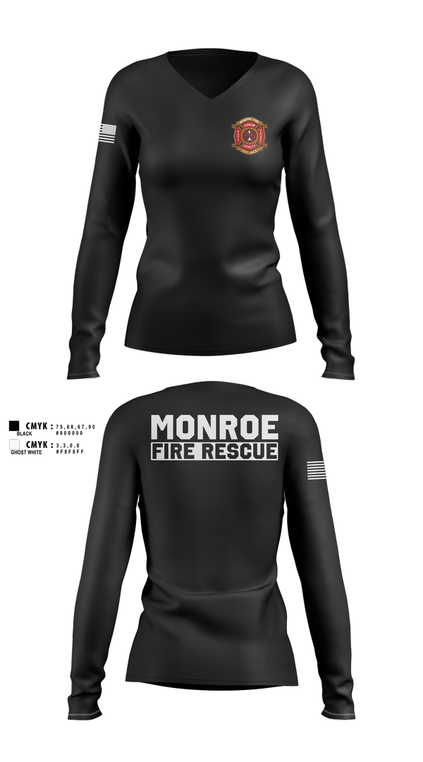 Womens Long Sleeve Vneck Shirt, Monroe Fire Rescue, Fire Department, Teamtime, Team time, sublimation, custom sports apparel, team uniforms, spirit wear, spiritwear, sports uniforms, custom shirts, team store, custom team store, fundraiser sports, apparel fundraiser