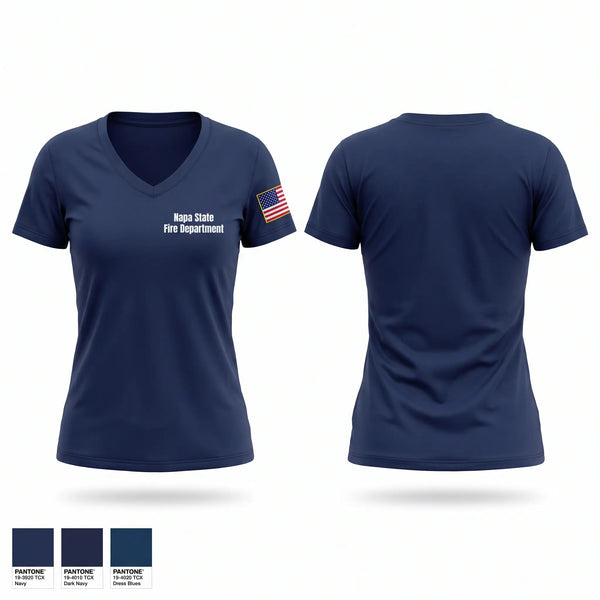 Womens Short Sleeve Vneck Shirt, Napa State Fire Department, Fire Department, Teamtime, Team time, sublimation, custom sports apparel, team uniforms, spirit wear, spiritwear, sports uniforms, custom shirts, team store, custom team store, fundraiser sports, apparel fundraiser